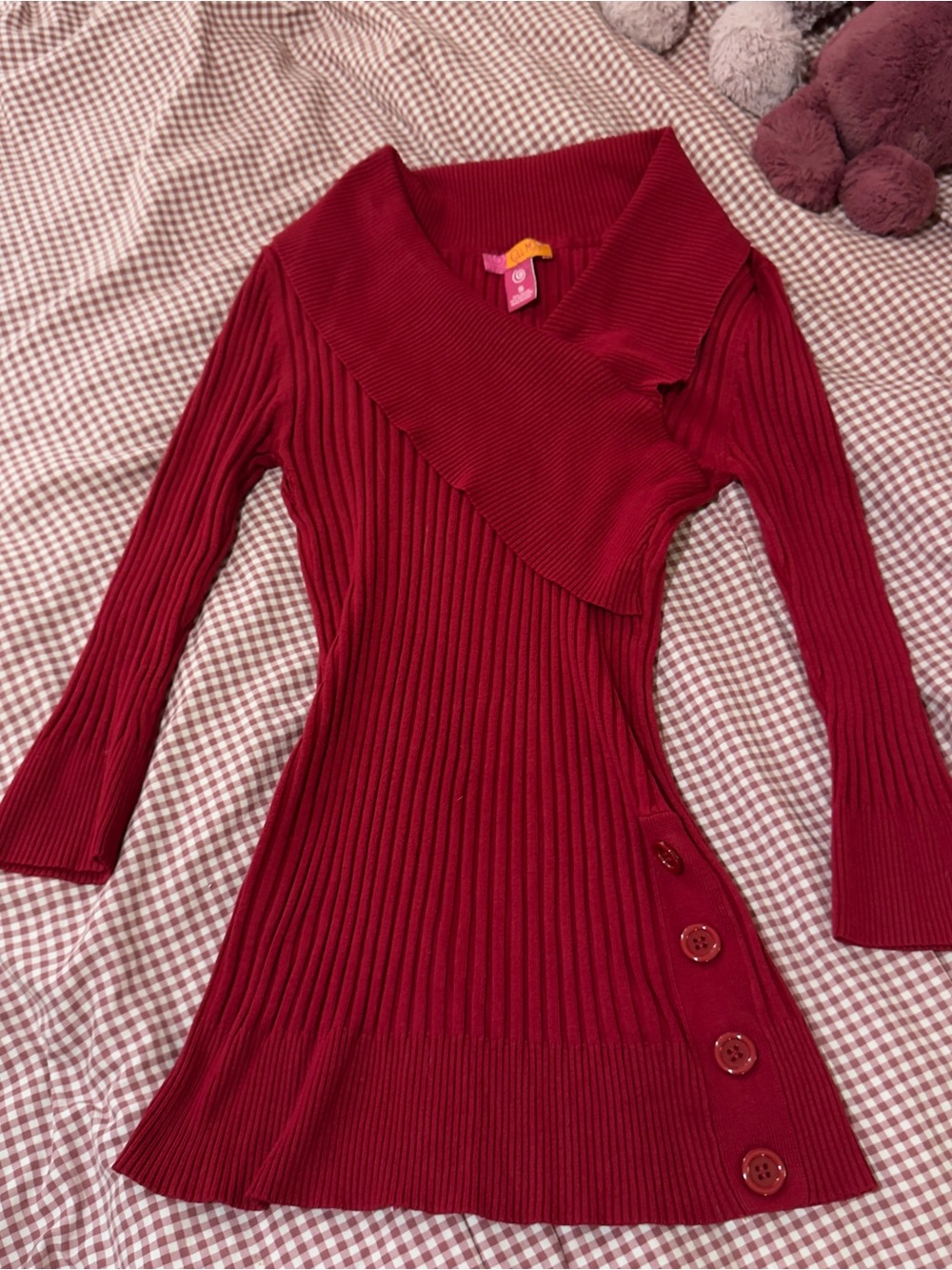 Y2K Fitted Ribbed Asymmetric Red Sweater - Picture 6 of 6